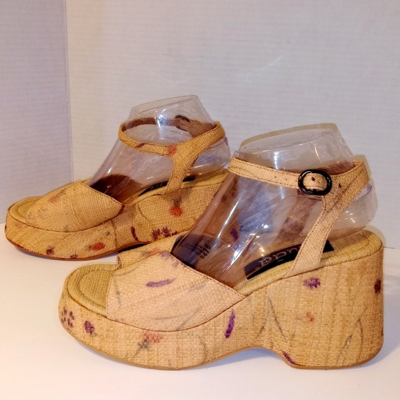 MUDD RAFIA FLORAL PLATFORM SANDALS‎ Retro Sz. 10 - Picture 2 of 11